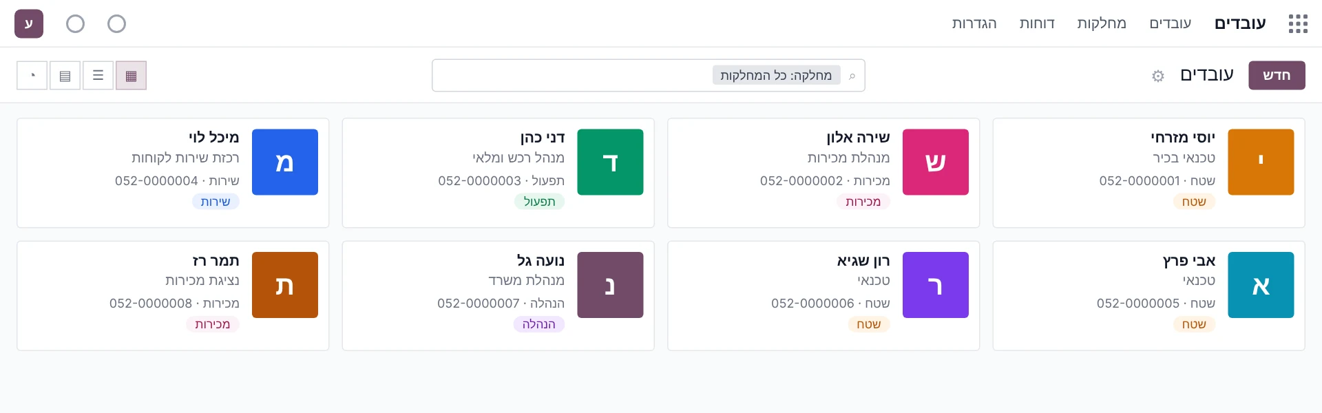מסך לדוגמה באודו: מודול עובדים